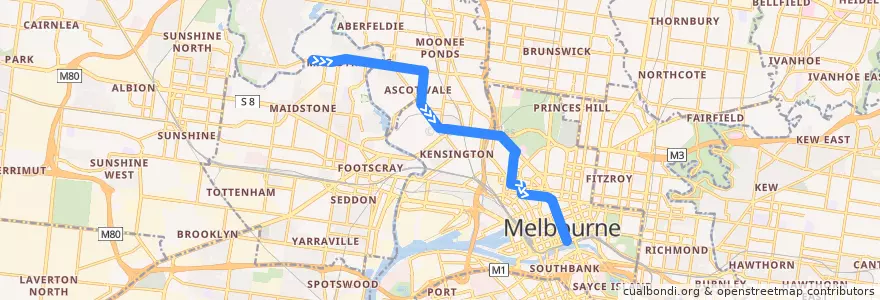 Mapa del recorrido Tram 57: West Maribyrnong => Flinders Street railway station de la línea  en Victoria.