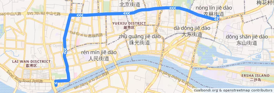 Mapa del recorrido 102路(东山总站-文化公园总站) de la línea  en Yuexiu District.