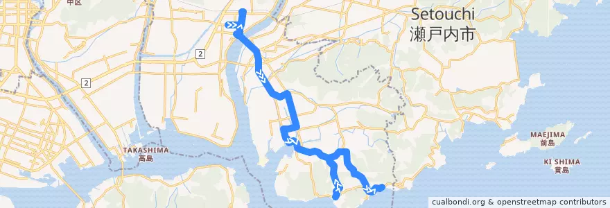 Mapa del recorrido 宝伝線 de la línea  en 東区.