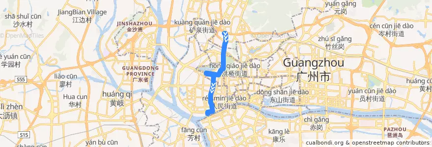 Mapa del recorrido 103路(机场路总站-文化公园总站) de la línea  en 越秀区.