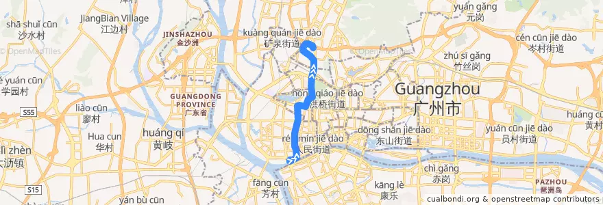 Mapa del recorrido 103路(文化公园总站-机场路总站) de la línea  en Гуанчжоу.