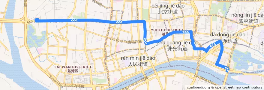 Mapa del recorrido 104路(海印桥总站-中山八路总站) de la línea  en Guangzhou City.