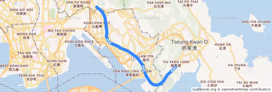 Mapa del recorrido 觀塘綫 Kwun Tong Line (調景嶺 Tiu Keng Leng → 彩虹 Choi Hung) de la línea  en 新界 New Territories.