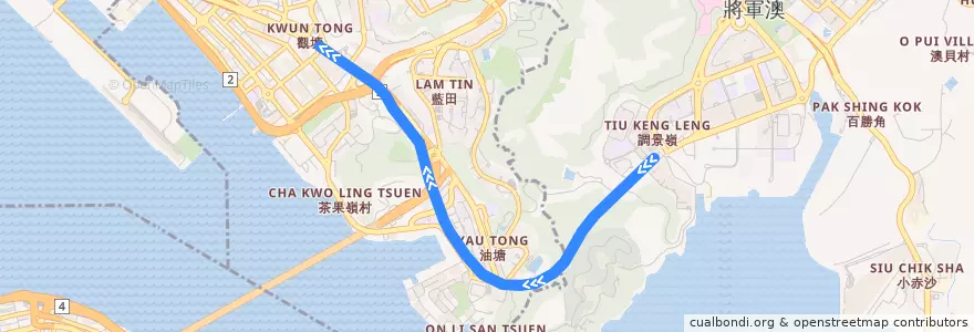 Mapa del recorrido 觀塘綫 Kwun Tong Line (調景嶺 Tiu Keng Leng → 觀塘 Kwun Tong) de la línea  en 新界 New Territories.