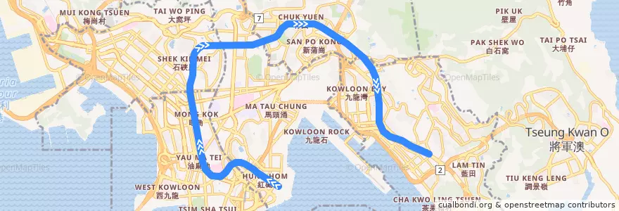 Mapa del recorrido 觀塘綫 Kwun Tong Line (黃埔 Whampoa → 觀塘 Kwun Tong) de la línea  en Цзюлун.