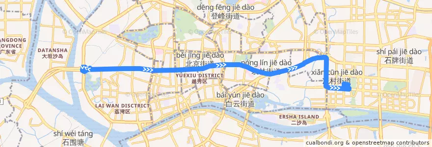 Mapa del recorrido 107路[中山八路总站-华成路(高德置地广场)总站] de la línea  en 広州市.
