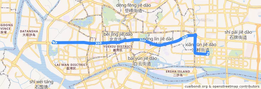 Mapa del recorrido 107路[华成路(高德置地广场)总站-中山八路总站] de la línea  en Гуанчжоу.