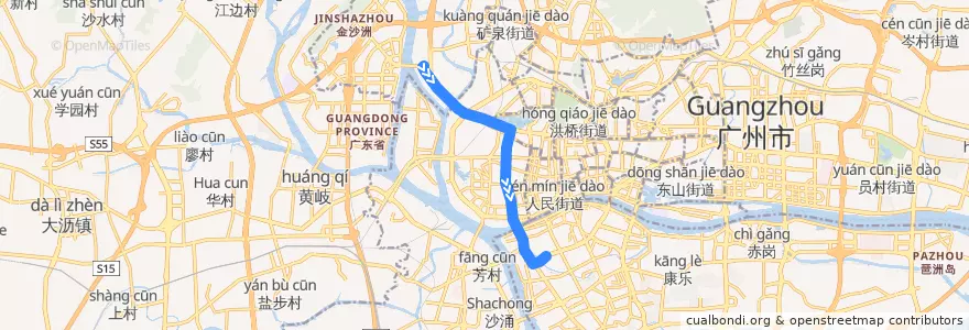 Mapa del recorrido 114路[罗冲围(松南路)总站-南田路总站] de la línea  en Гуанчжоу.