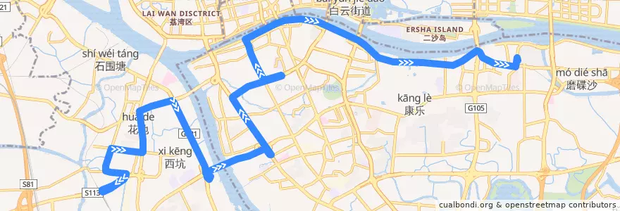 Mapa del recorrido 121A路(芳和花园总站-珠江帝景苑总站) de la línea  en Cantón.