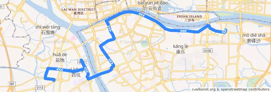 Mapa del recorrido 121A路(珠江帝景苑总站-芳和花园总站) de la línea  en Guangzhou City.