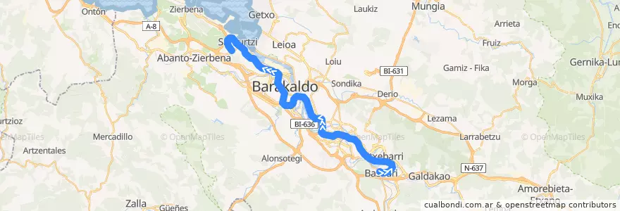 Mapa del recorrido L2 Basauri → Kabiezes de la línea  en Bilboaldea.