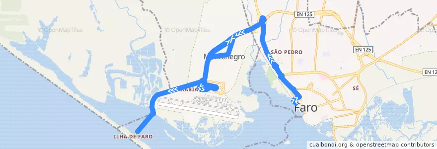 Mapa del recorrido Linha 16 - Terminal Rodoviàrio > Praia de Faro (via Montenegro e Aeroporto) de la línea  en Faro.
