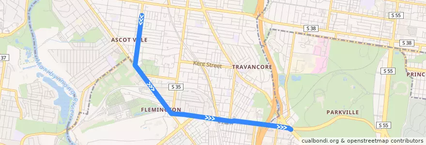 Mapa del recorrido Tram 57a: St Leonards & Union Roads => Boundary & Racecourse Roads de la línea  en City of Melbourne.