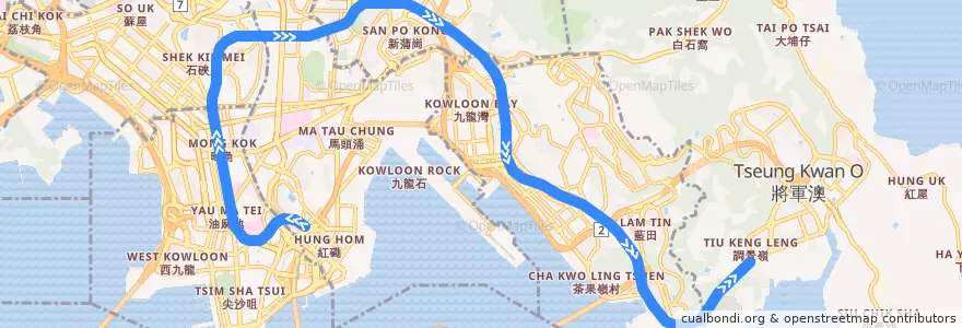 Mapa del recorrido 觀塘綫 Kwun Tong Line (何文田 Ho Man Tin → 調景嶺 Tiu Keng Leng) de la línea  en 九龍.