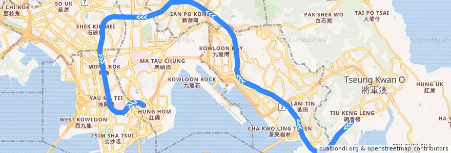 Mapa del recorrido 觀塘綫 Kwun Tong Line (調景嶺 Tiu Keng Leng → 何文田 Ho Man Tin) de la línea  en Kowloon.