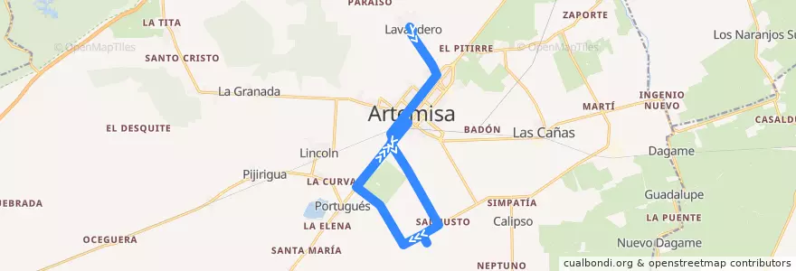 Mapa del recorrido Ruta 103 Lavandero => Artemisa => Universidad de la línea  en Artemisa.