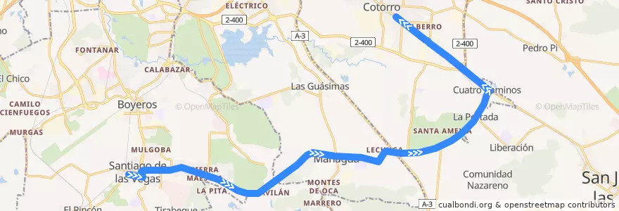 Mapa del recorrido Ruta A9 Santiago => Managua => Cotorro de la línea  en Cuba.
