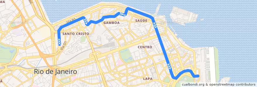 Mapa del recorrido VLT Carioca 1: Praia Formosa → Santos Dumont de la línea  en Região Geográfica Imediata do Rio de Janeiro.