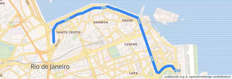 Mapa del recorrido VLT Carioca 1: Santos Dumont → Praia Formosa de la línea  en Região Geográfica Intermediária do Rio de Janeiro.