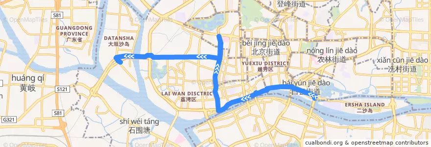 Mapa del recorrido 128路(海印桥总站-珠岛花园总站) de la línea  en Гуанчжоу.