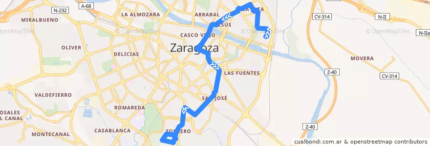 Mapa del recorrido Bus 39: Vadorrey => Pinares de Venecia de la línea  en Сарагоса.