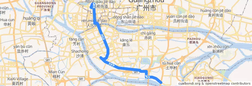 Mapa del recorrido 180路[解放北路(应元路口)总站-沥滘(珠江御景湾)总站] de la línea  en Guangzhou City.