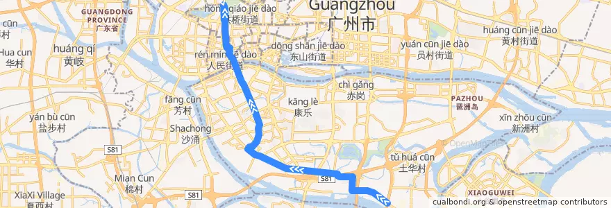 Mapa del recorrido 180路[沥滘(珠江御景湾)总站-解放北路(应元路口)总站] de la línea  en 광저우시.