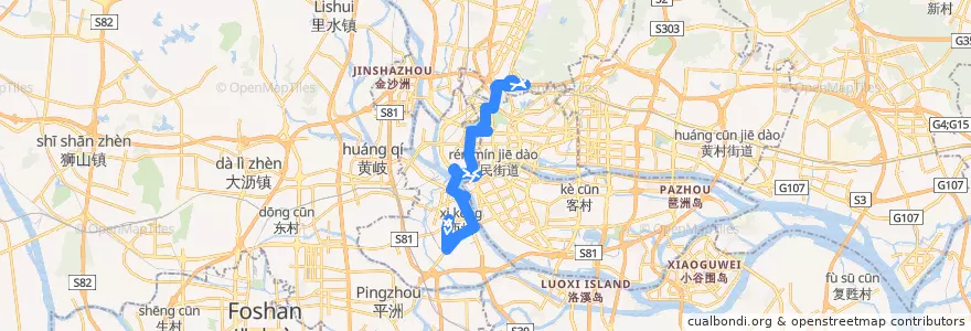 Mapa del recorrido 181路[芳村客运站总站-柯子岭(河田路)总站] de la línea  en Гуанчжоу.