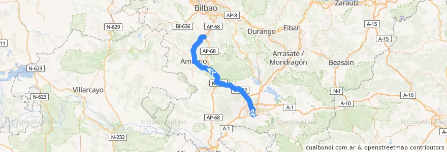 Mapa del recorrido A15 Universidad → Vitoria-Gasteiz → Murgia → Amurrio → Areta de la línea  en Araba/Álava.