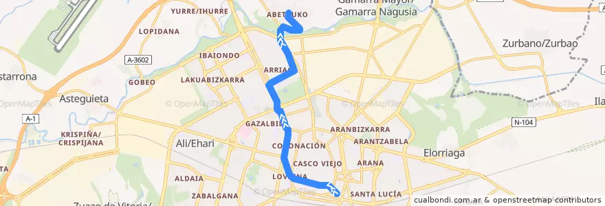 Mapa del recorrido T2 (Angulema → Abetxuko) de la línea  en Vitoria-Gasteiz.