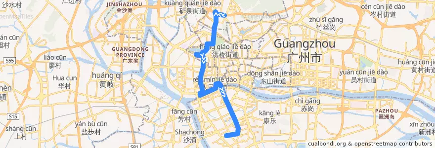 Mapa del recorrido 186路(广园新村总站-珠江医院总站) de la línea  en Guangzhou City.