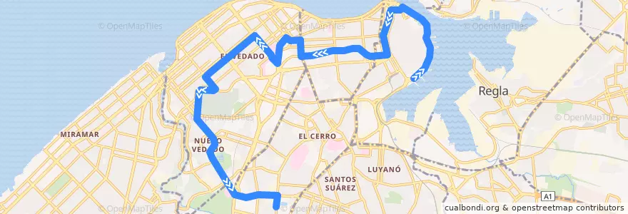 Mapa del recorrido Ruta A27 Ave Puerto => Vedado => Palatino de la línea  en La Habana.
