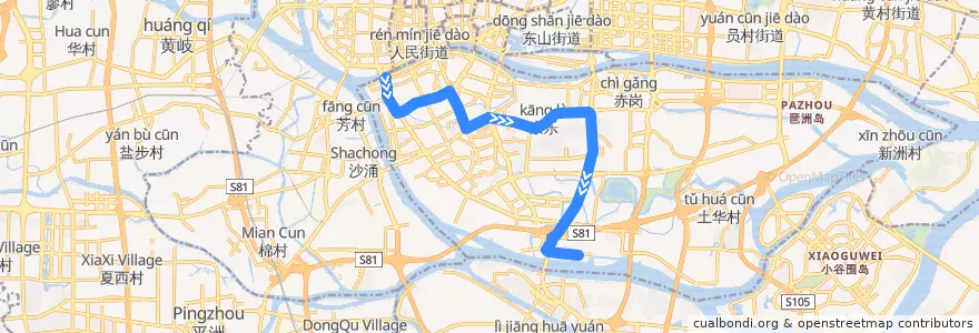 Mapa del recorrido 188路[大基头(木偶艺术剧院)总站-沥滘(振兴大街)总站] de la línea  en Haizhu District.