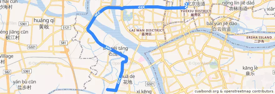 Mapa del recorrido 193路(汾水小区总站-广卫路总站) de la línea  en Liwan District.