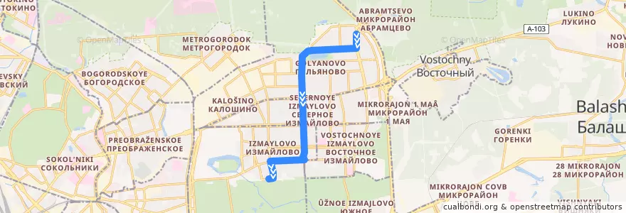 Mapa del recorrido Автобус 223: Камчатская улица => Метро «Измайловская» de la línea  en Восточный административный округ.