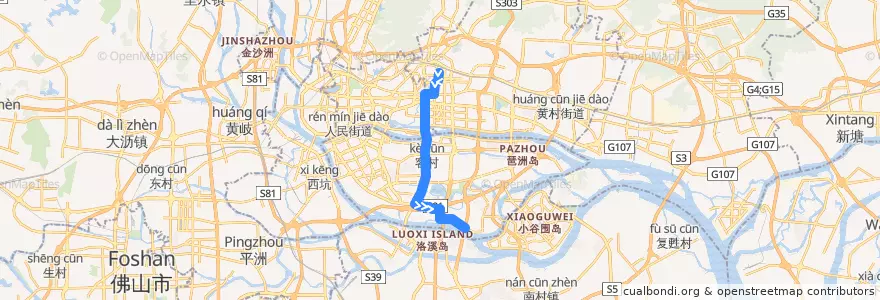 Mapa del recorrido 195路[广州火车东站总站-沥滘(珠江御景湾)总站] de la línea  en 광저우시.