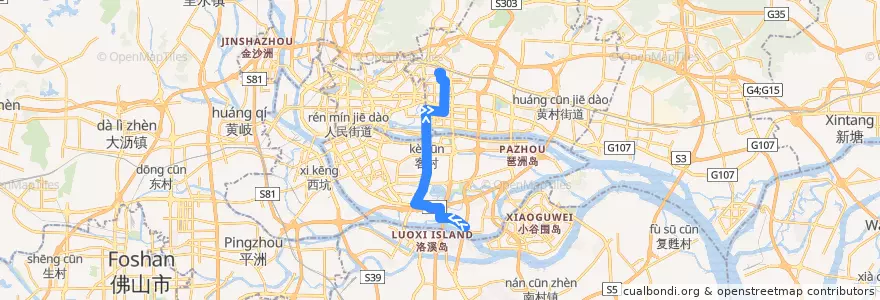 Mapa del recorrido 195路[沥滘(珠江御景湾)总站-广州火车东站总站] de la línea  en Guangzhou City.