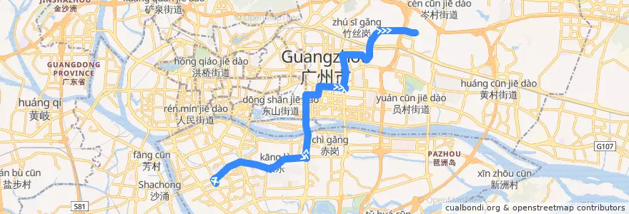 Mapa del recorrido 197路(昌岗路总站-汇景北路总站) de la línea  en Guangzhou.
