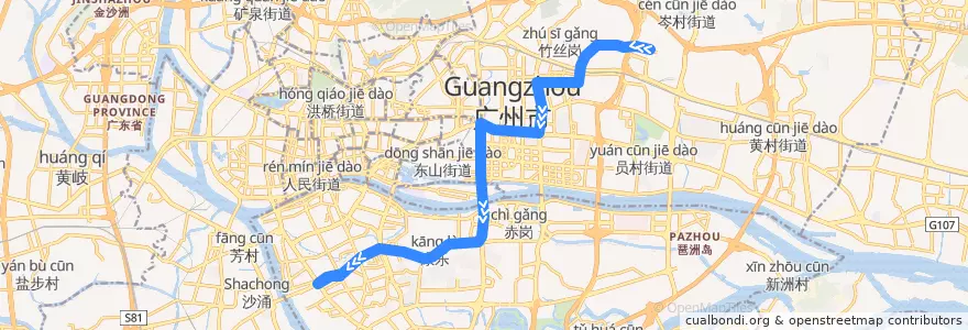 Mapa del recorrido 197路(汇景北路总站-昌岗路总站) de la línea  en 广州市.