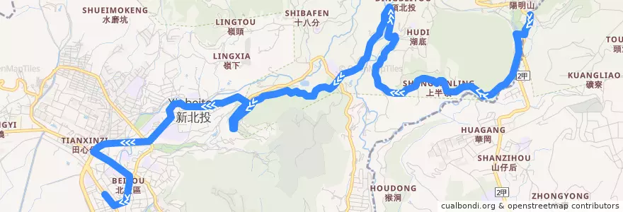 Mapa del recorrido 臺北市 230 捷運北投站-陽明山 (返程) de la línea  en 北投區.