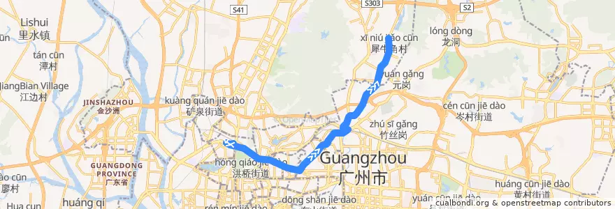 Mapa del recorrido 201路[广州火车站(草暖公园)总站-犀牛角村总站] de la línea  en Guangzhou City.