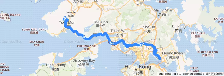 Mapa del recorrido 九巴258X線 KMB 258X (寶田 Po Tin → 觀塘碼頭 Kwun Tong Ferry) de la línea  en 新界 New Territories.