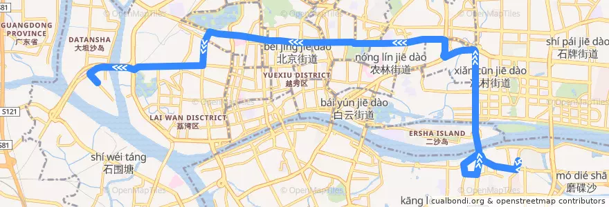 Mapa del recorrido 204路[坦尾(柏悦湾)总站-珠江帝景苑总站] de la línea  en 广州市.