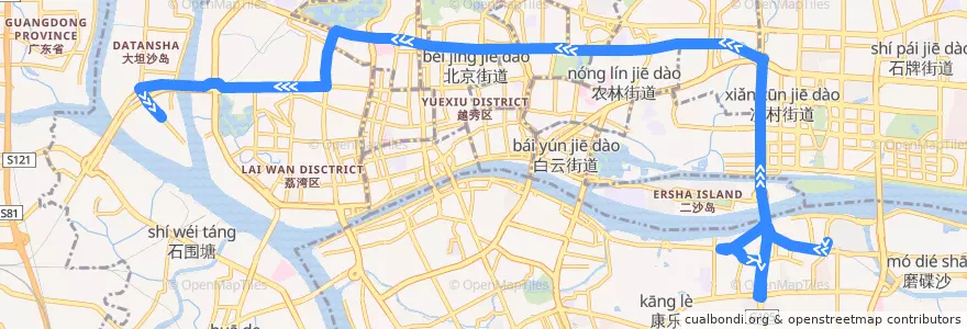 Mapa del recorrido 204路[珠江帝景苑总站-坦尾(柏悦湾)总站] de la línea  en Гуанчжоу.