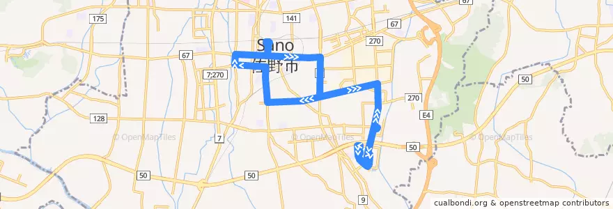Mapa del recorrido 関東自動車バス 佐野新都市バスターミナル⇒佐野新都市循環線（右回り） de la línea  en Sano.