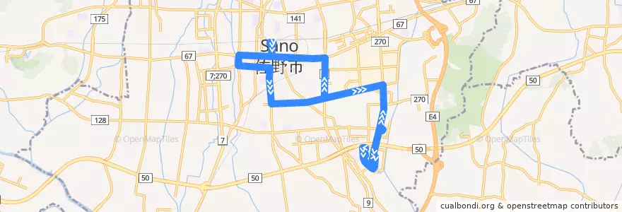 Mapa del recorrido 関東自動車バス 佐野新都市バスターミナル⇒佐野新都市循環線（左回り） de la línea  en 佐野市.