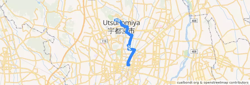 Mapa del recorrido 帝京大学⇒済生会病院⇒竹林⇒宇都宮駅 de la línea  en Utsunomiya.
