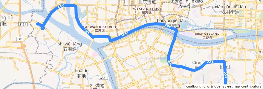 Mapa del recorrido 208路[芳村大道西(滘口客运站)总站-大塘西总站] de la línea  en Guangzhou City.