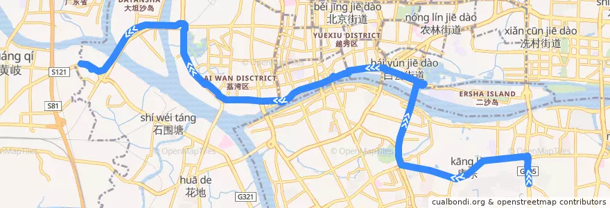 Mapa del recorrido 208路[大塘西总站-芳村大道西(滘口客运站)总站] de la línea  en 广州市.