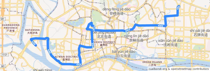 Mapa del recorrido 209路[广州火车东站总站-坦尾(柏悦湾)总站] de la línea  en Гуанчжоу.
